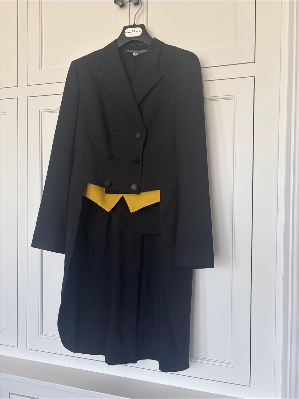 Black Double-Breasted Cropped Blazer with Yellow Waist Accent